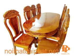 BÀN ĂN OVAL TRÀM 8 GHẾ CHẠM CÔNG