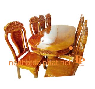 BÀN ĂN OVAL TRÀM 8 GHẾ CHẠM CÔNG