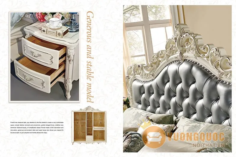 Góc cạnh giường với lớp sơn PU bóng gương, kết hợp đầu giường da thật màu kem sang trọng