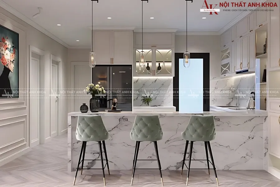 Tủ bếp quầy bar gỗ kết hợp mặt đá - Xu hướng thiết kế hiện đại