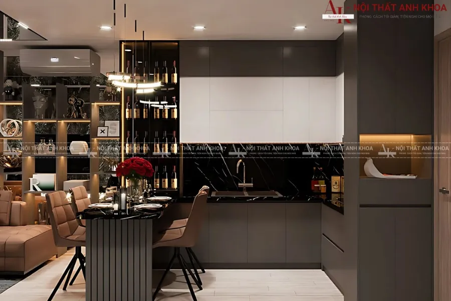 Tủ bếp quầy bar bằng gỗ mặt đá - Đẳng cấp và tiện nghi cho gia đình