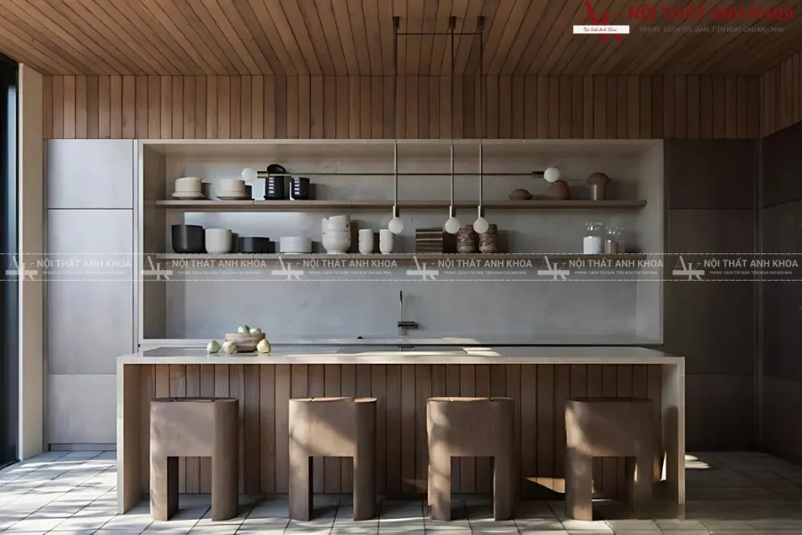Mẫu tủ bếp quầy bar gỗ tự nhiên sang trọng, bền bỉ
