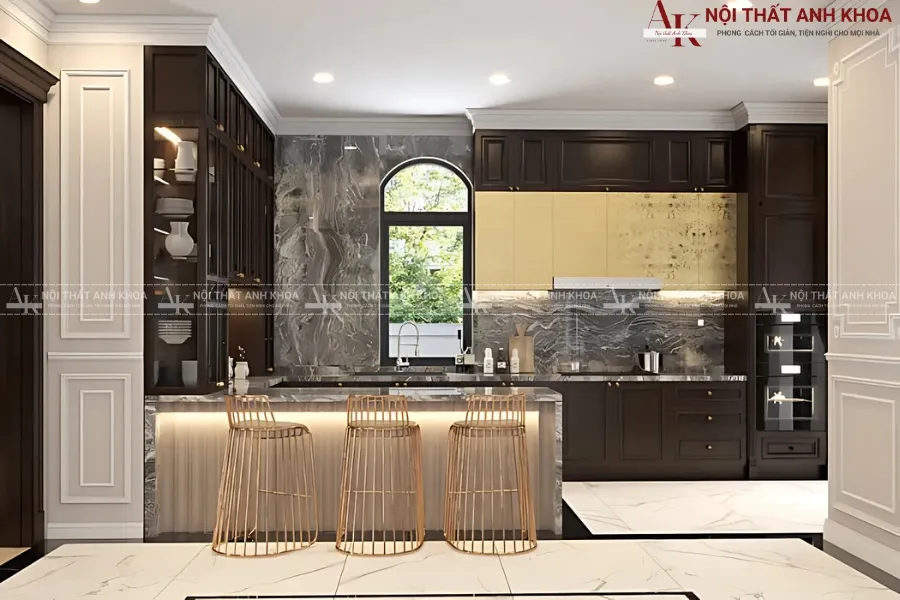 Quầy bar bếp gỗ kèm kệ trang trí - Giải pháp nội thất 2 trong 1