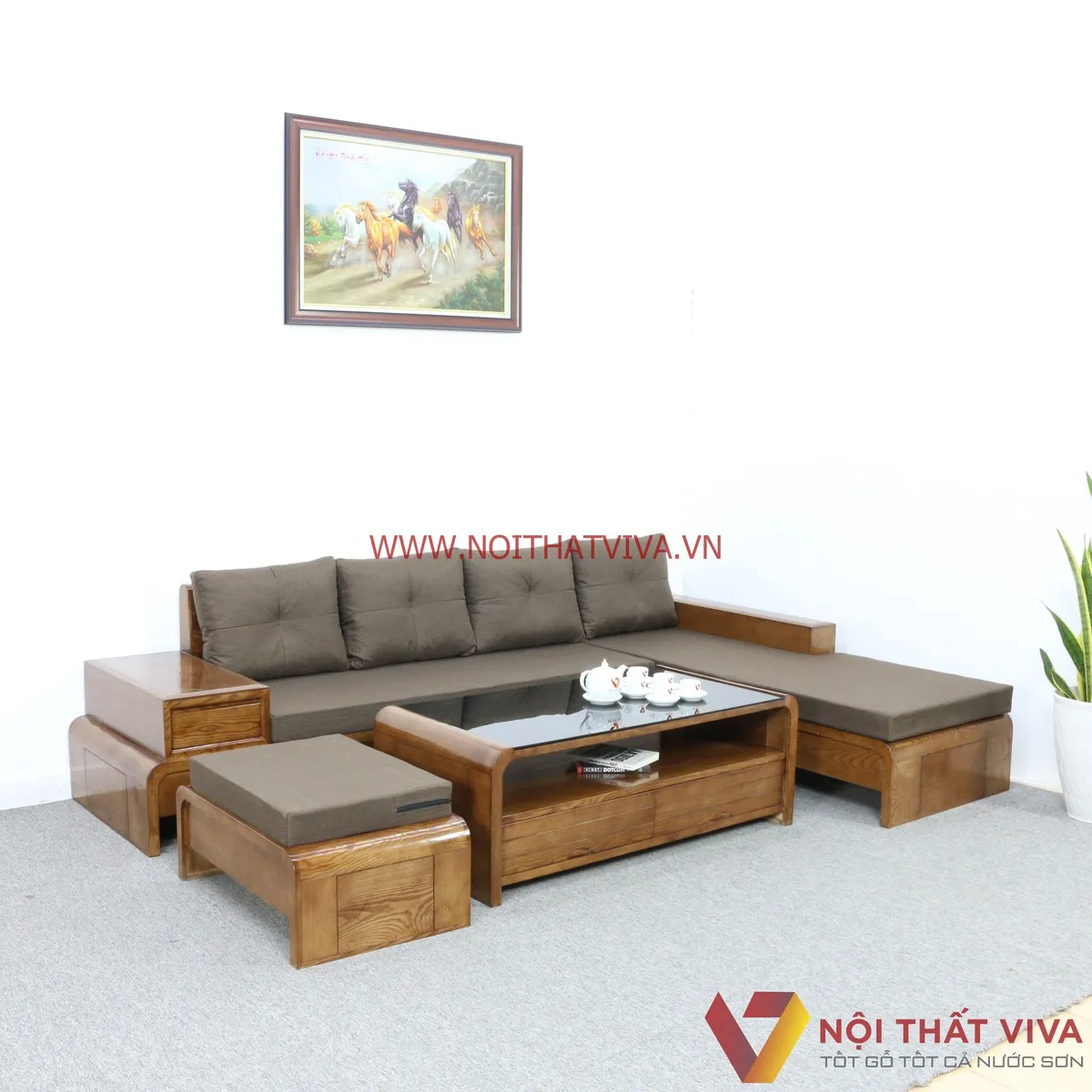 Bộ bàn ghế gỗ góc nhỏ dạng sofa đệm mút hiện đại bọc nỉ màu xám