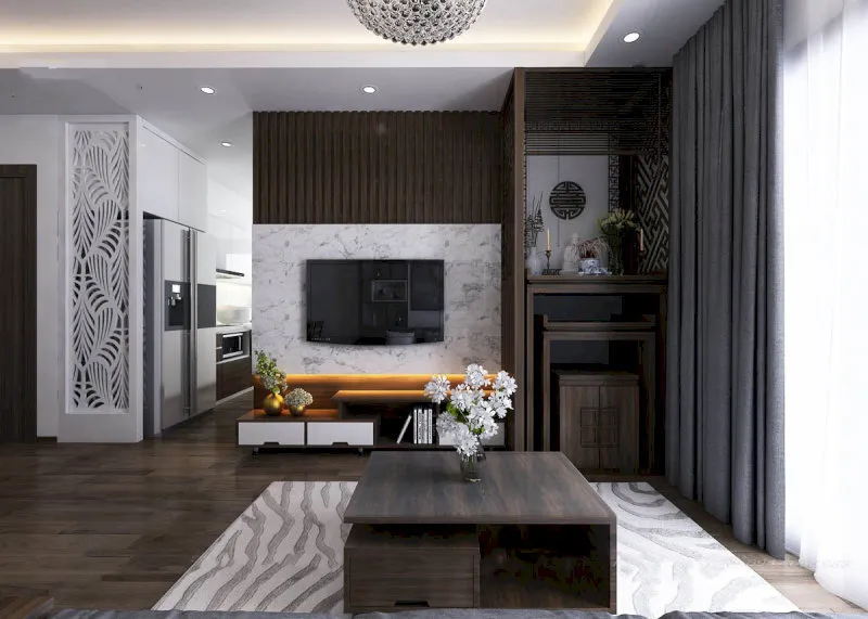 Phòng khách liền bàn thờ nhưng được sắp xếp hợp lý, giữ sự tôn kính và tính thẩm mỹ