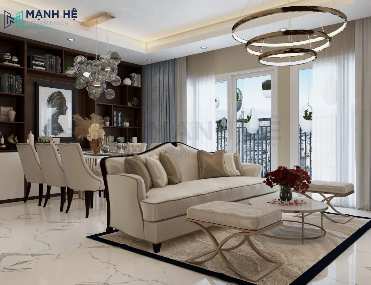 Bộ bàn ghế phòng khách màu be nhã nhặn phong cách cổ điển