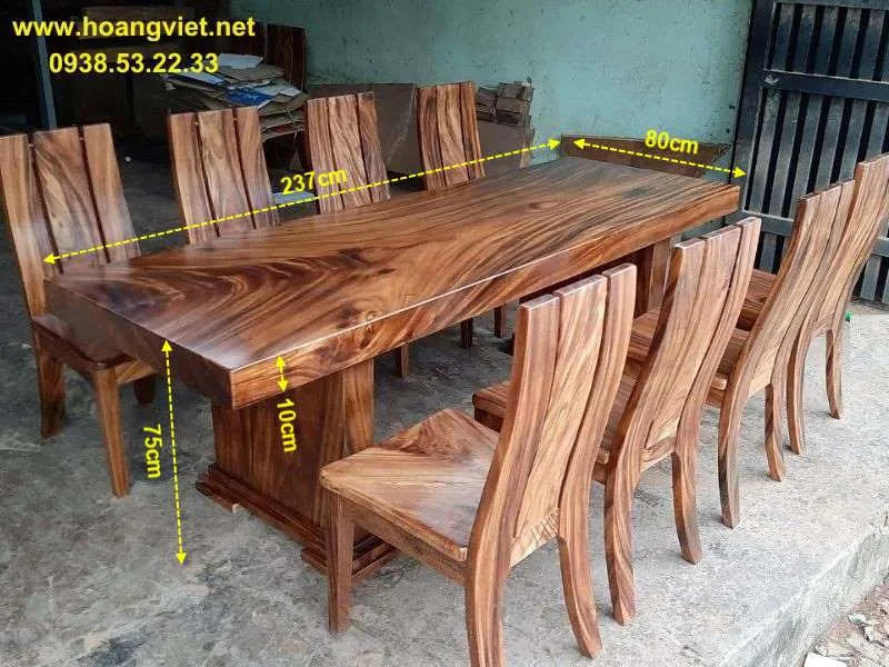 Kích thước bàn ăn gỗ tự nhiên nguyên khối me tây 8 ghế
