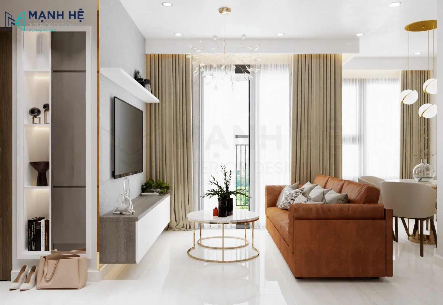 Bộ bàn ghế sofa màu da bò nổi bật giữa phòng khách nhỏ màu trắng