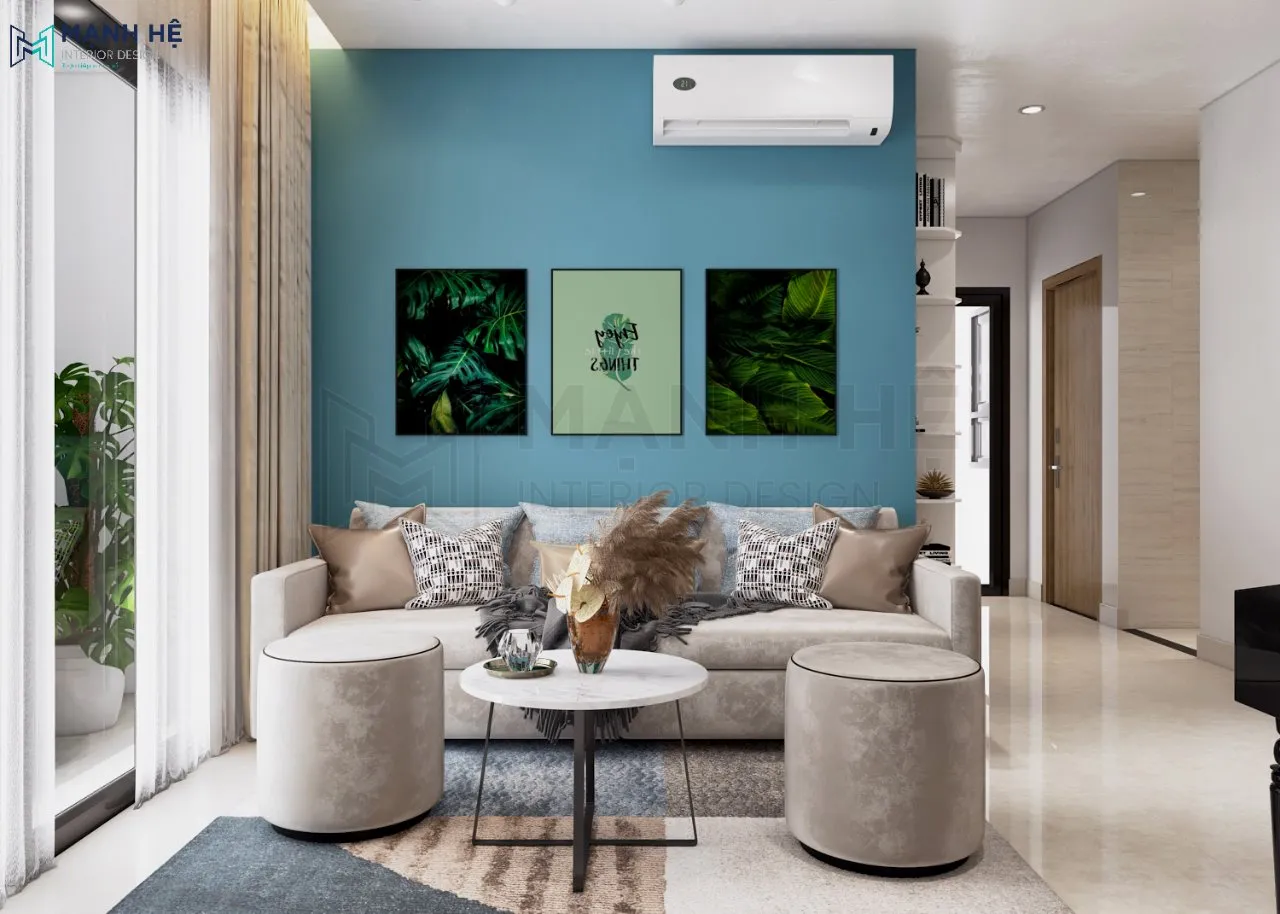 Bộ sofa chữ I và bàn trà chân sắt tối ưu không gian