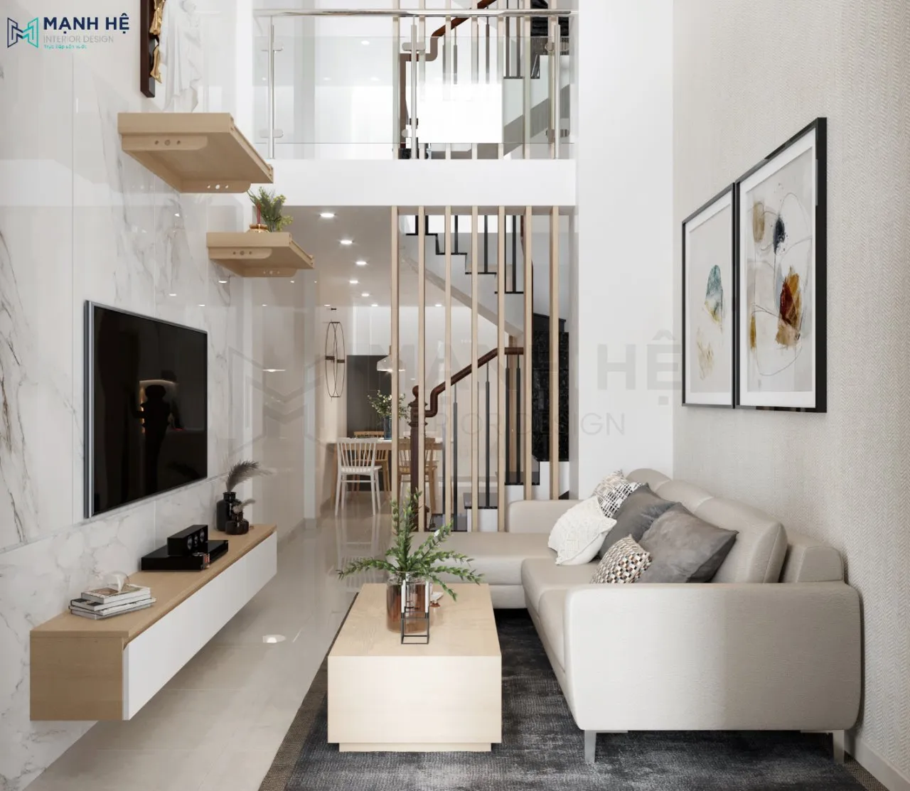 Bộ ghế sofa tone màu nhẹ nhàng hài hòa với giấy dán tường