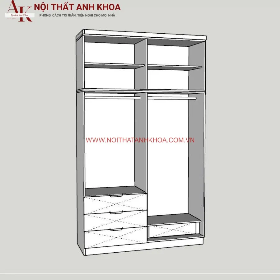 Mặt cắt bên trong tủ quần áo thể hiện cấu trúc ngăn chia