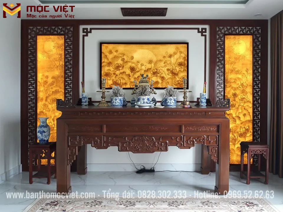 Phòng thờ gia tiên đẹp, kết hợp tranh trúc chỉ