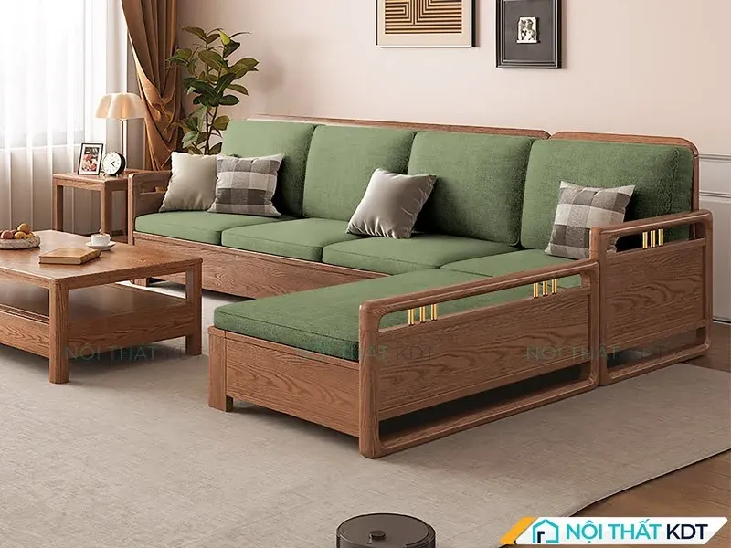 Sofa góc màu xanh lá, khung gỗ sồi, điểm nhấn kim loại vàng