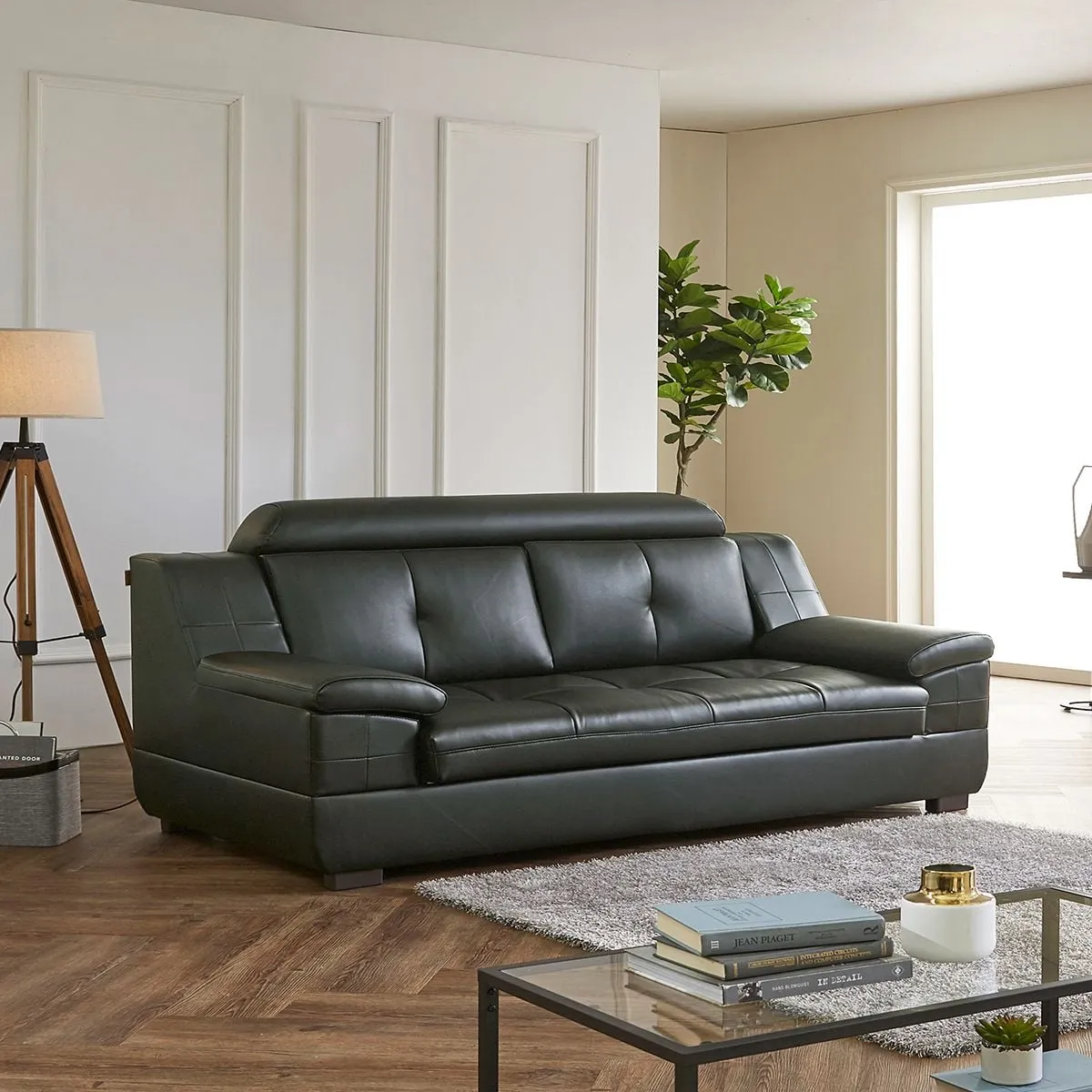 Sofa da thật 3 chỗ ngồi kèm đôn cho phòng khách hiện đại