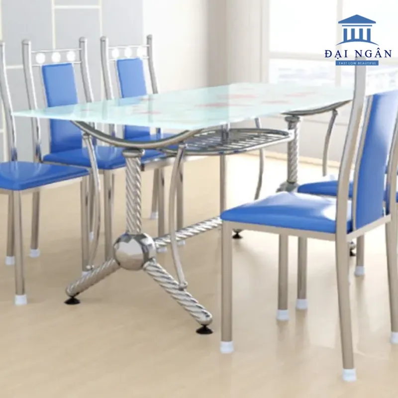 Bộ bàn ghế inox mặt kính cường lực cho chung cư