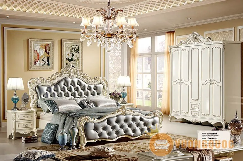 Giường ngủ hoàng gia HVM8803G - Thiết kế tổng thể với đầu giường bọc da thật và hoa văn chạm trổ tinh xảo