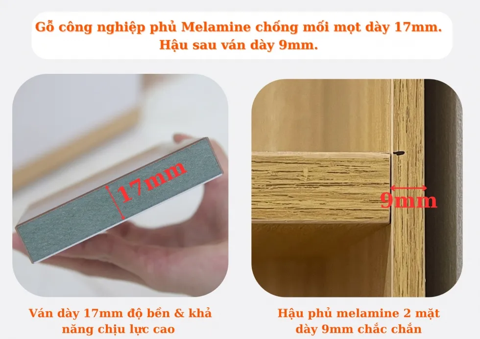 Kích thước gỗ công nghiệp MDF 17mm và hệ hậu tủ 9mm