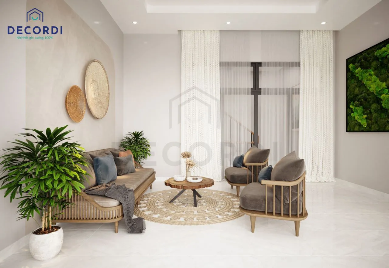 Trang trí cây xanh trong phòng khách nhỏ tạo không khí trong lành, thoáng đãng