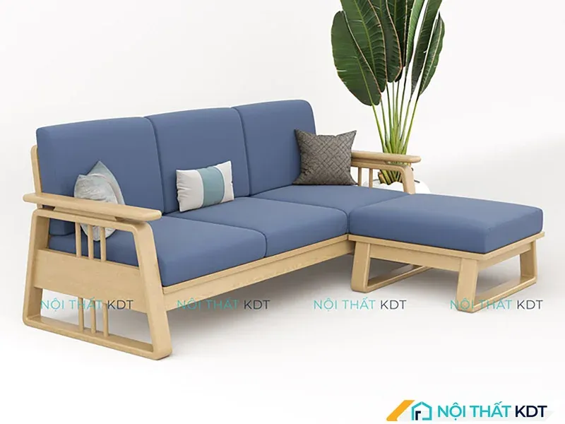 Sofa gỗ chữ L thiết kế đơn giản, chân ghế cao mang lại cảm giác thông thoáng