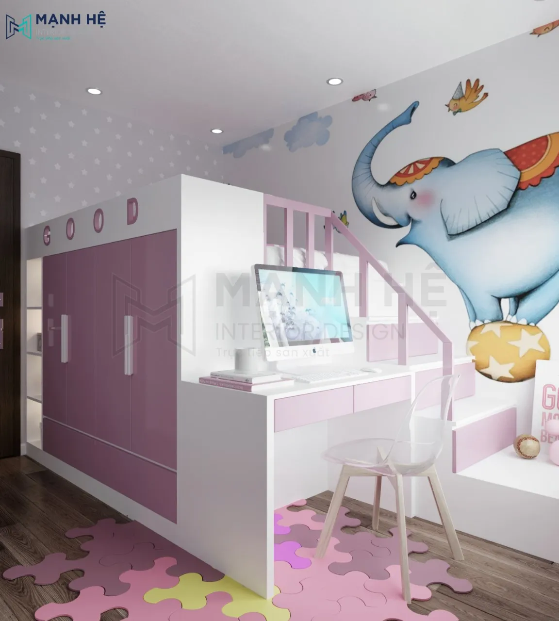 Giường tầng được thiết kế nối liền bàn học và tủ quần áo mini dễ thương cho bé