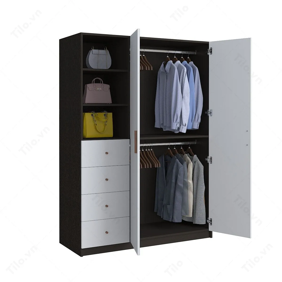 Bố cục chia ngăn rõ ràng, thuận tiện cho việc sắp xếp quần áo và phụ kiện hằng ngày. Mẫu tủ này phù hợp với lối sống gọn gàng, đề cao sự tiện lợi và khoa học.