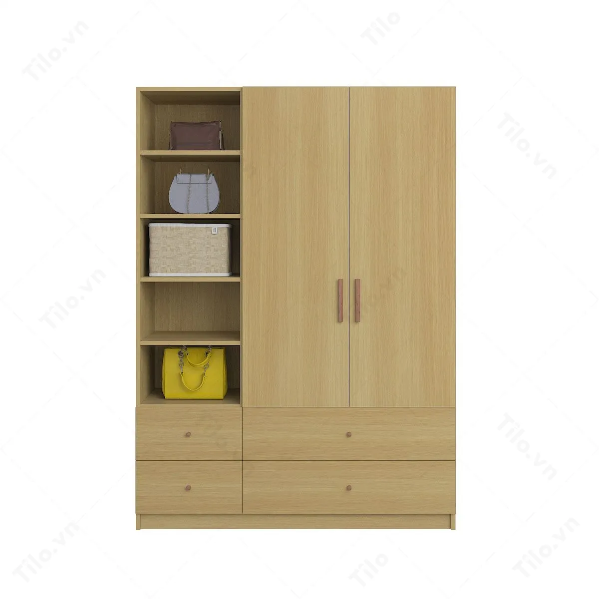 Kết cấu ba cánh giúp tăng diện tích lưu trữ, đáp ứng tốt nhu cầu sử dụng cho gia đình có nhiều đồ dùng. Gam màu vàng nhạt tạo điểm nhấn nhẹ nhàng, giúp phòng ngủ trông sáng và hiện đại hơn.