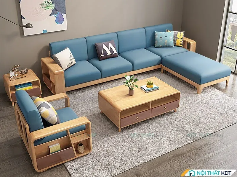 Sofa gỗ sồi S334 thiết kế tay vịn tiện ích, tích hợp giá để sách độc đáo và hiện đại.