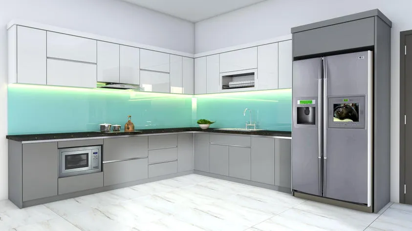 Tủ bếp khung inox cánh nhựa phủ Laminate vân gỗ, phong cách Scandinavian