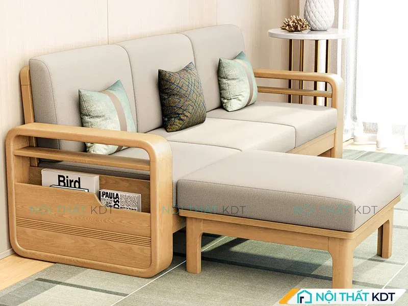 Mẫu sofa gỗ chữ L tích hợp hộc tủ, kệ sách giúp tối ưu công năng cho phòng khách nhỏ