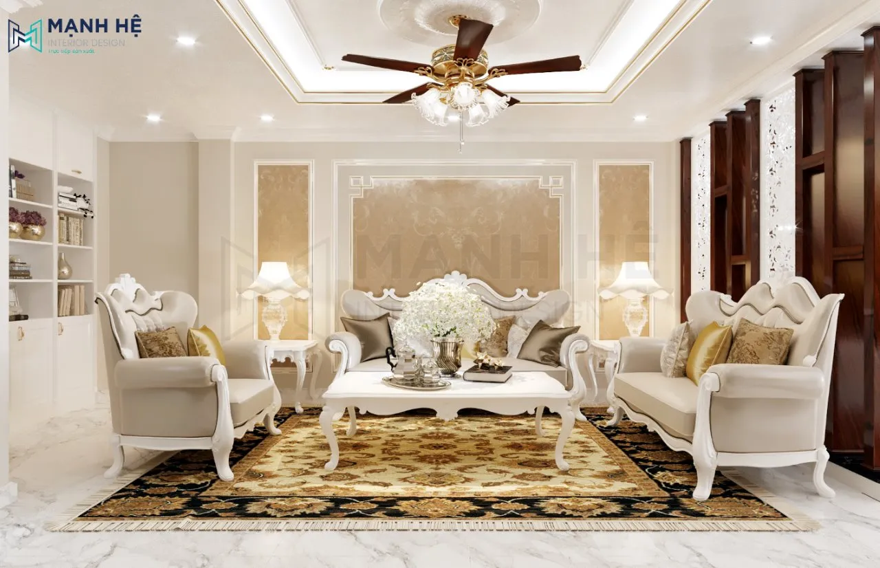 Bộ bàn ghế phòng khách Tân Cổ Điển bằng gỗ tự nhiên sơn trắng xa hoa