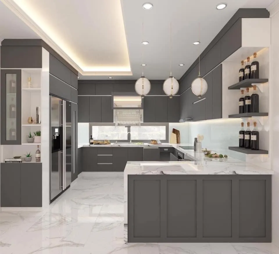 Tủ bếp khung inox cánh Melamine xám ghi, mặt đá trắng, kinh tế