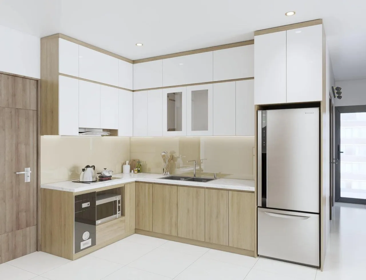 Tủ bếp khung inox cánh Acrylic trắng trên, Laminate vân gỗ dưới, phong cách kết hợp