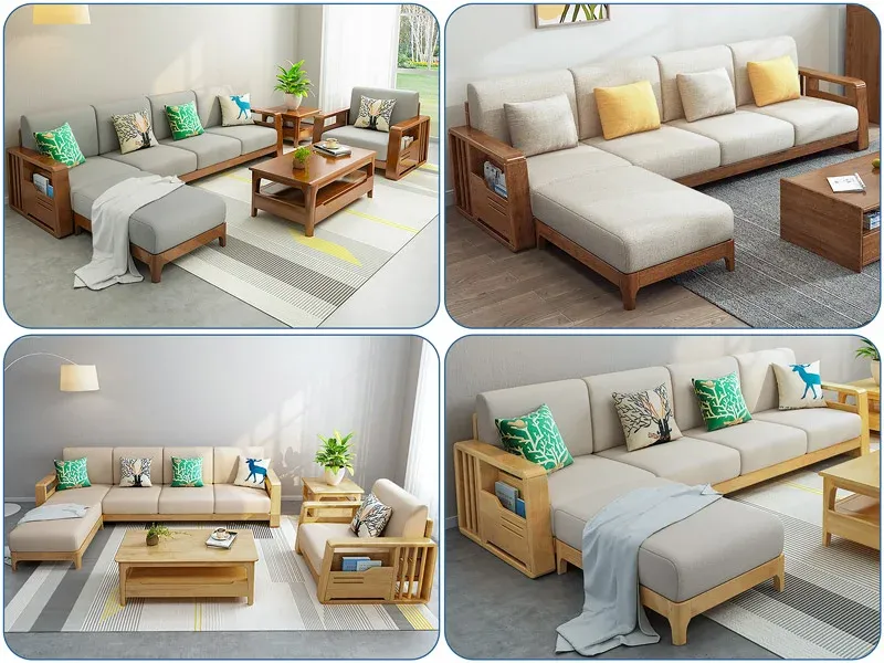 Sofa gỗ sồi chữ L có kệ để sách S289