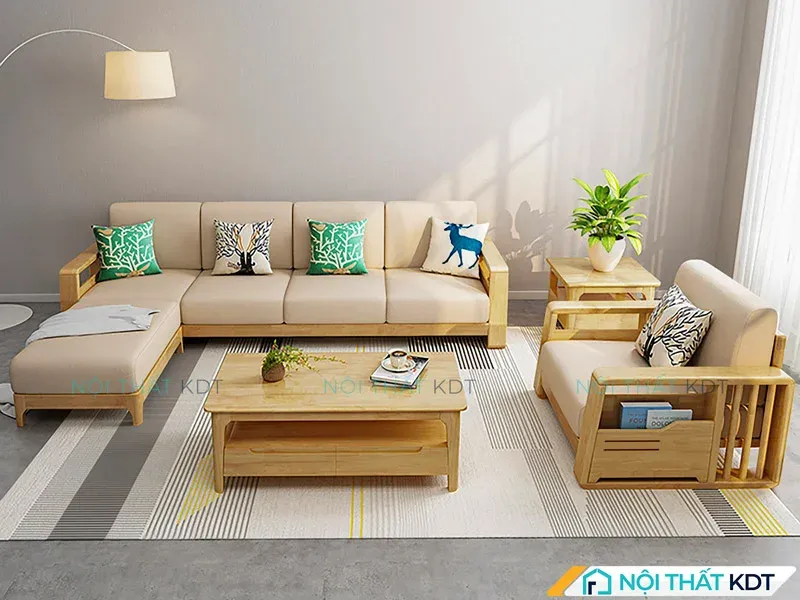 Sofa S271 chữ L gỗ sồi, tích hợp kệ để sách tiện dụng
