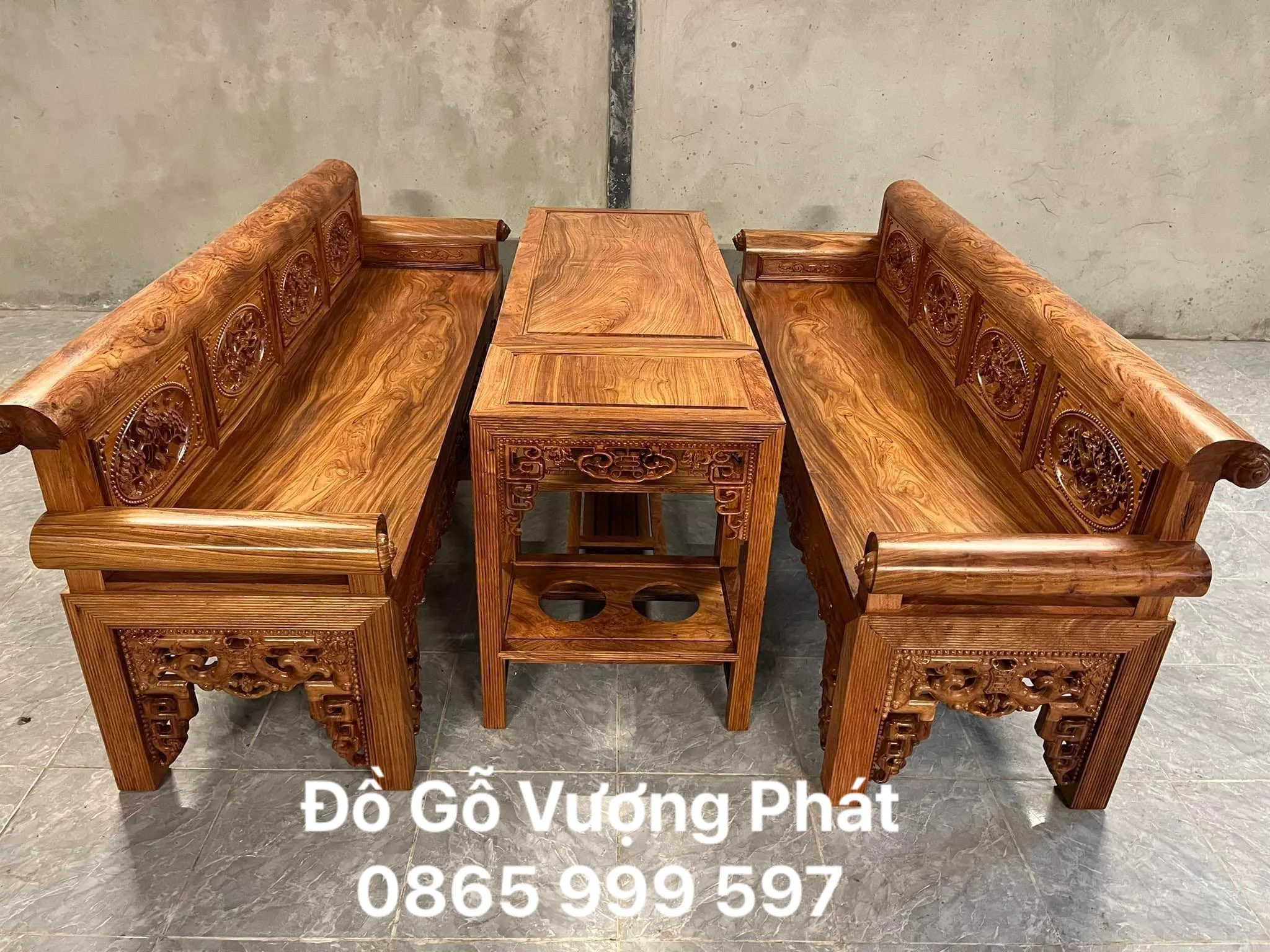 Bộ tràng kỷ gỗ hương Đá nam phi vân cực cỡ trung với hoa văn tứ quý tinh xảo