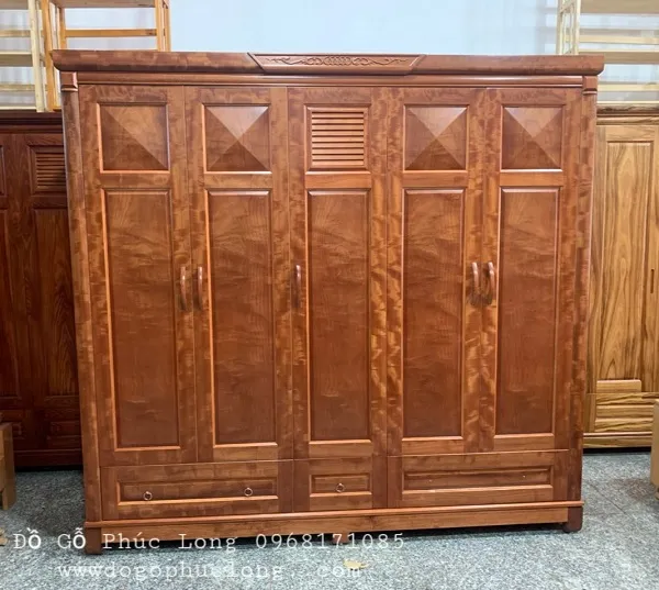 Tủ quần áo gỗ hương đá 5 cánh với họa tiết chạm khắc tinh xảo