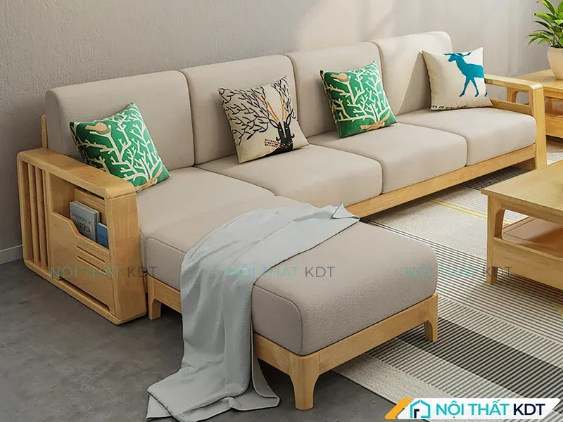 Sofa gỗ sồi chữ L, kệ sách tạo điểm nhấn hiện đại