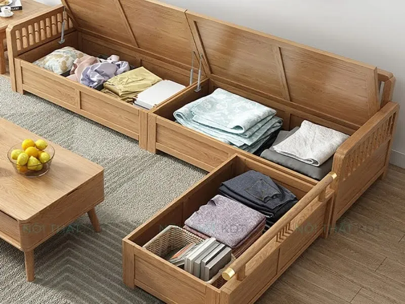 Sofa S288 góc L gỗ sồi, thiết kế hộc đựng đồ tiện lợi