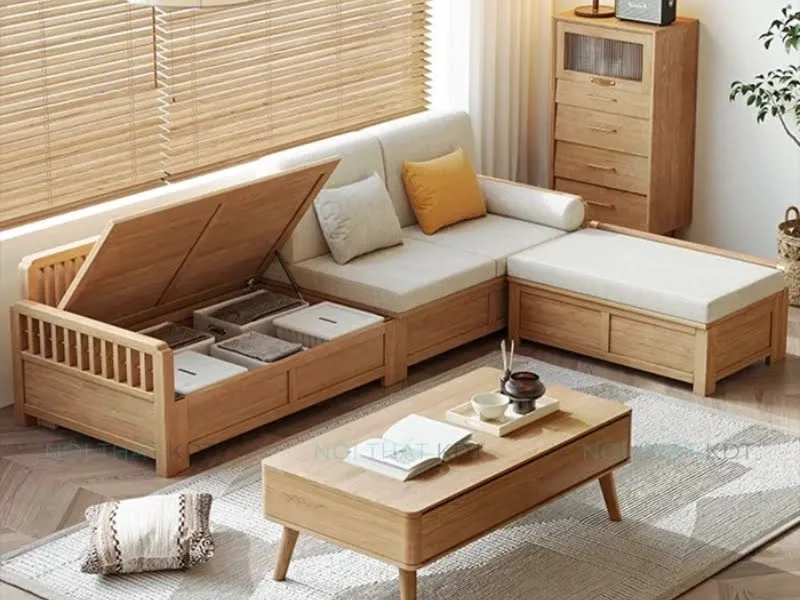 Mẫu S288 sofa góc L gỗ sồi, hộc đựng đồ tiện lợi và tinh tế