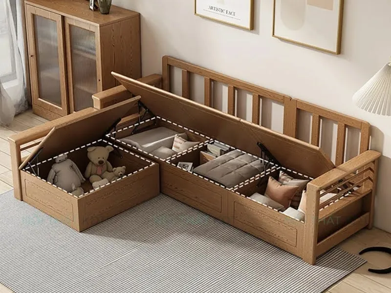 Mẫu S307 sofa góc gỗ sồi, tích hợp tủ đồ giúp tối ưu diện tích và tiện nghi