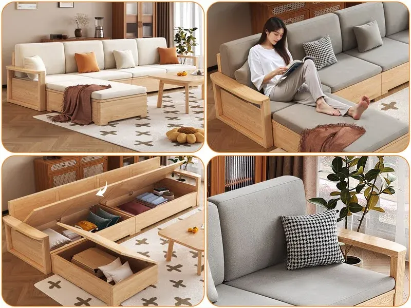 Sofa gỗ đa năng với ngăn chứa đồ, màu kem, phù hợp không gian nhỏ