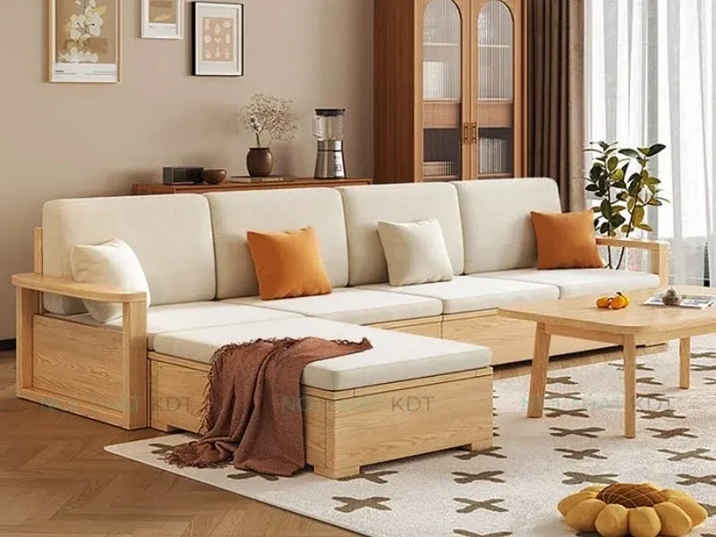 Sofa góc màu kem sang trọng, khung gỗ, tích hợp không gian lưu trữ