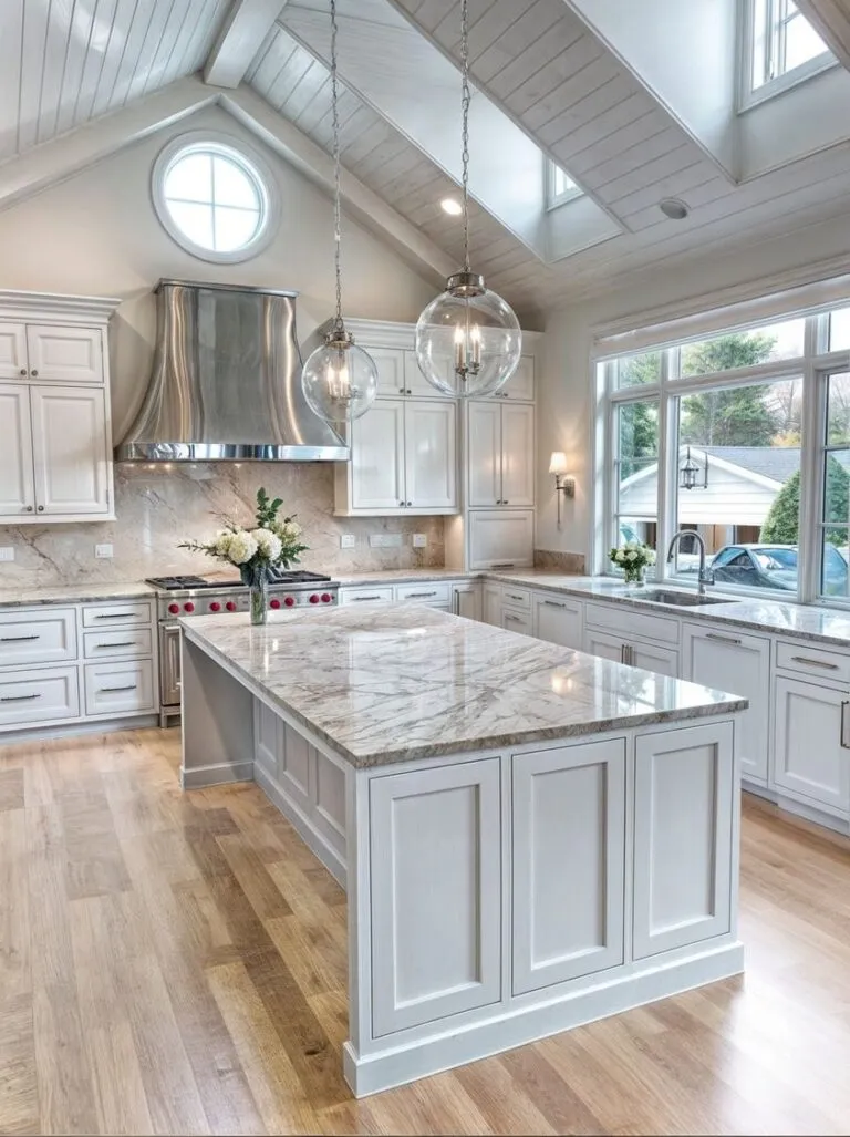 Tủ bếp chữ U cánh pano tân cổ điển cho không gian rộng