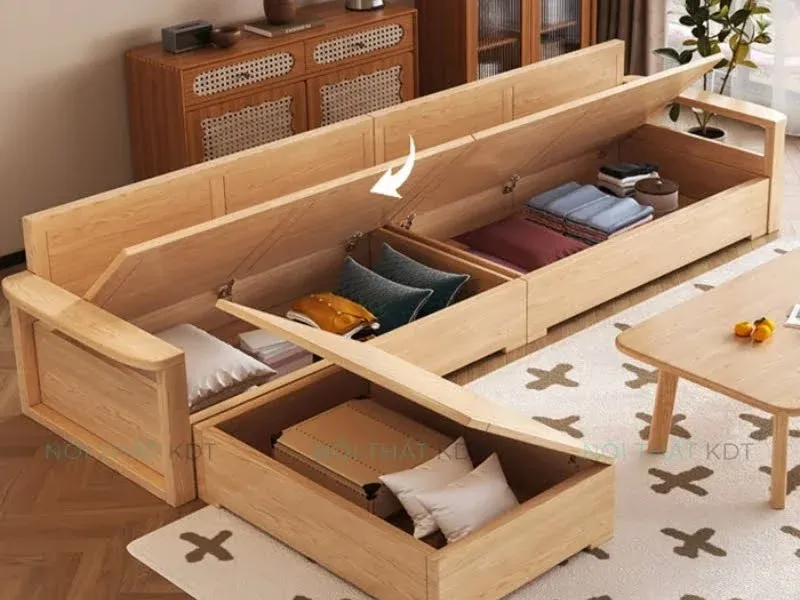 Ngăn chứa đồ rộng rãi bên trong sofa gỗ, tiết kiệm diện tích