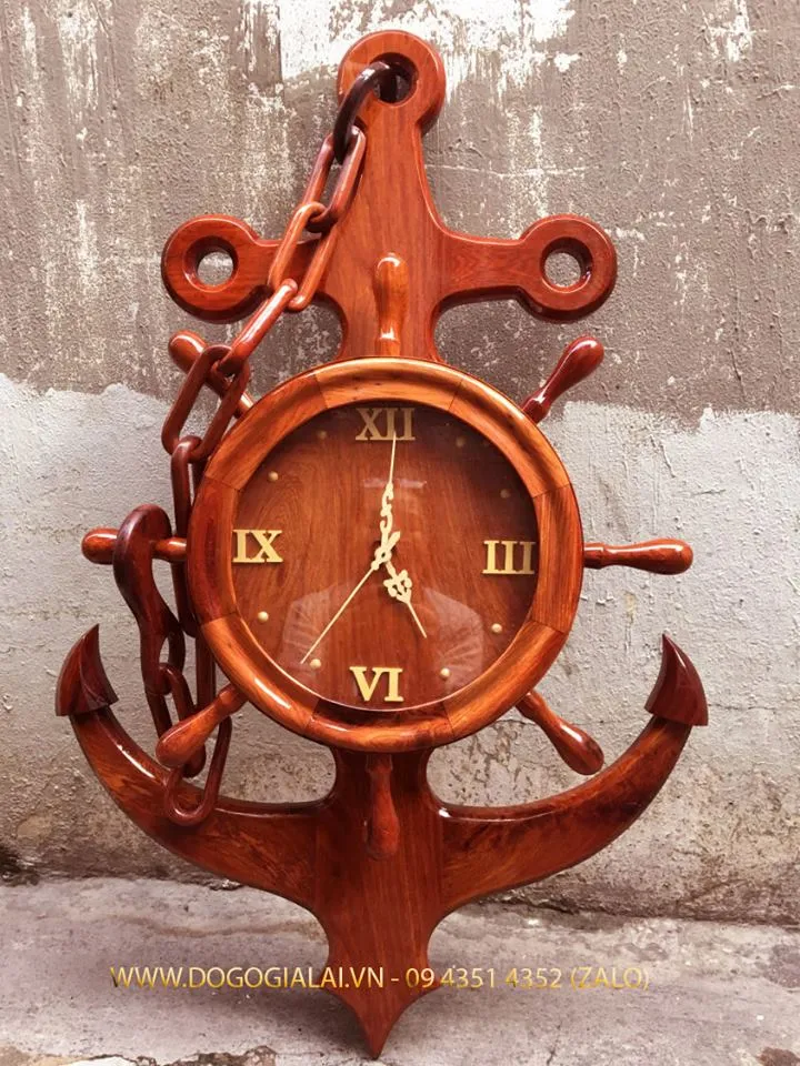 Đồng hồ treo tường mỏ neo dây xích chế tác từ gỗ hương đỏ cao cấp