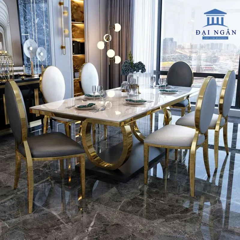 Bộ bàn ghế inox mạ vàng mặt đá Luxury hiện đại