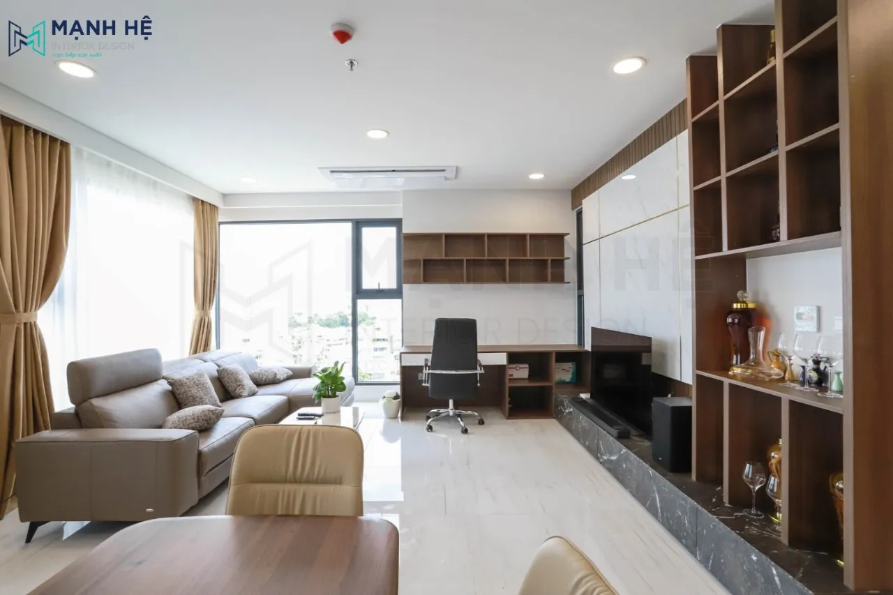 Thiết kế góc làm việc gọn gàng tại phòng khách căn hộ chung cư