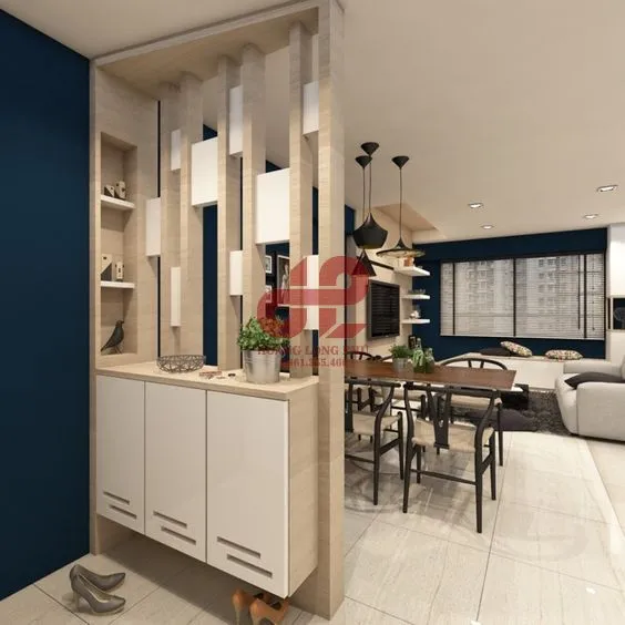 Tủ giày full trần có gương trang trí ở giữa, phối màu gỗ tối