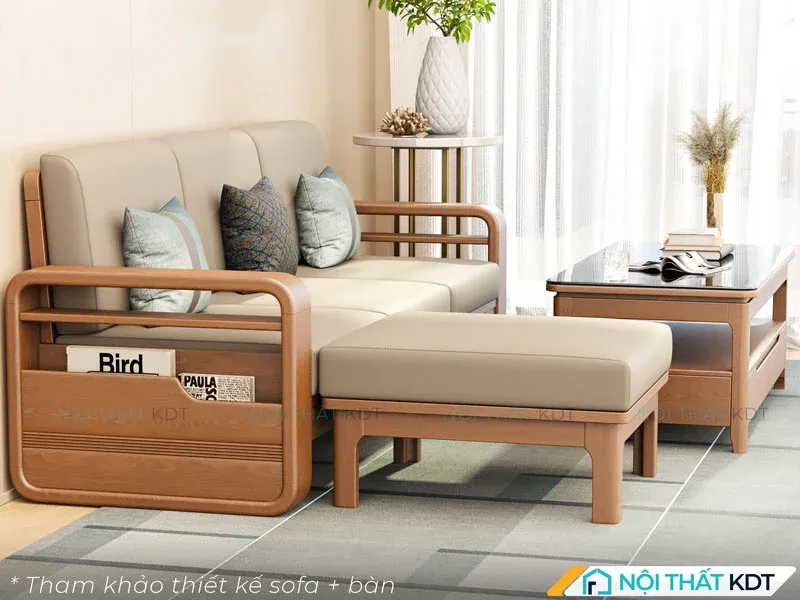 Thiết Kế sofa gỗ chữ L và bàn trà tối giản cho phòng khách nhỏ