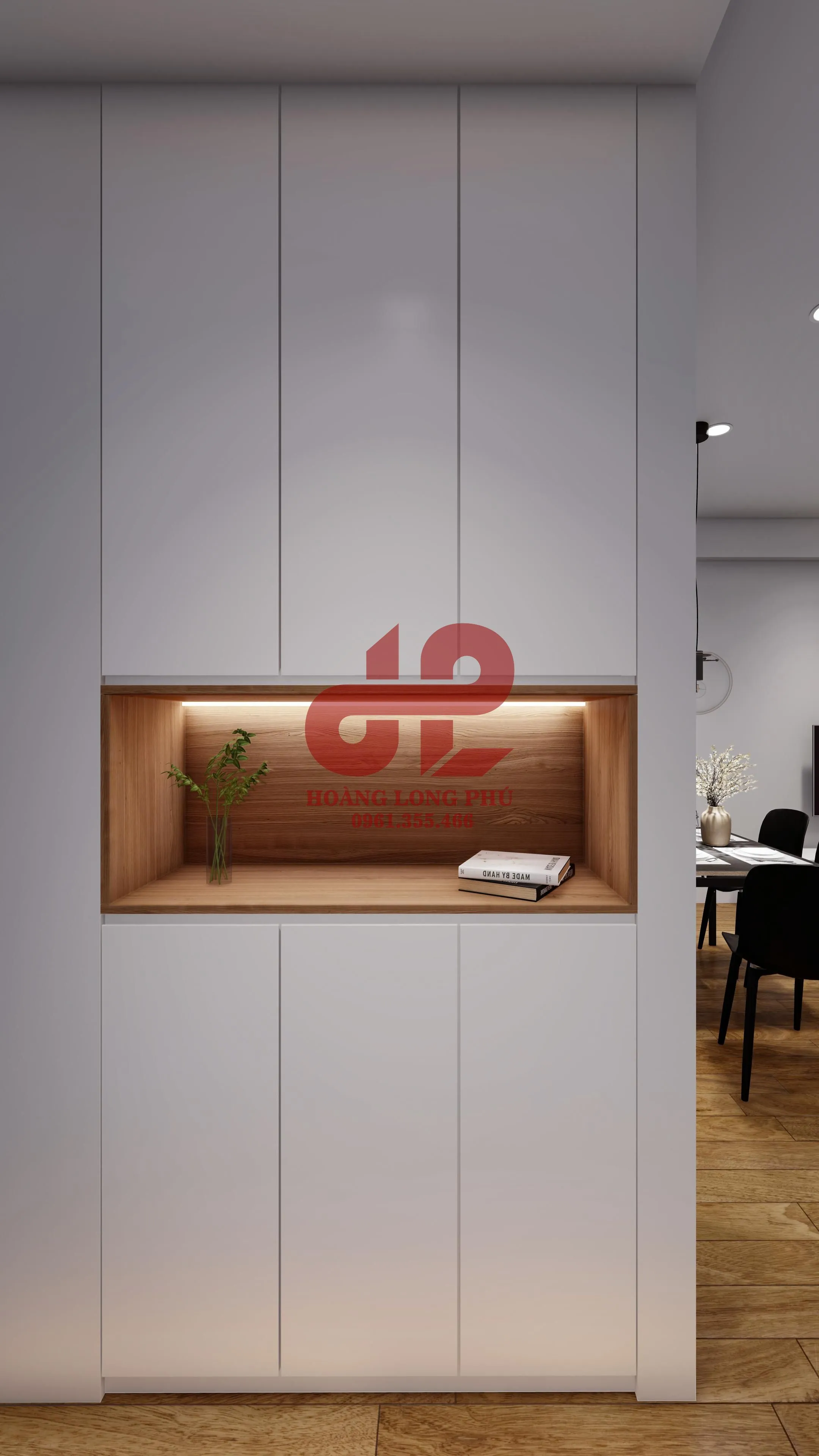 Tủ giày cánh mở màu trắng kết hợp gỗ tự nhiên với tay nắm âm